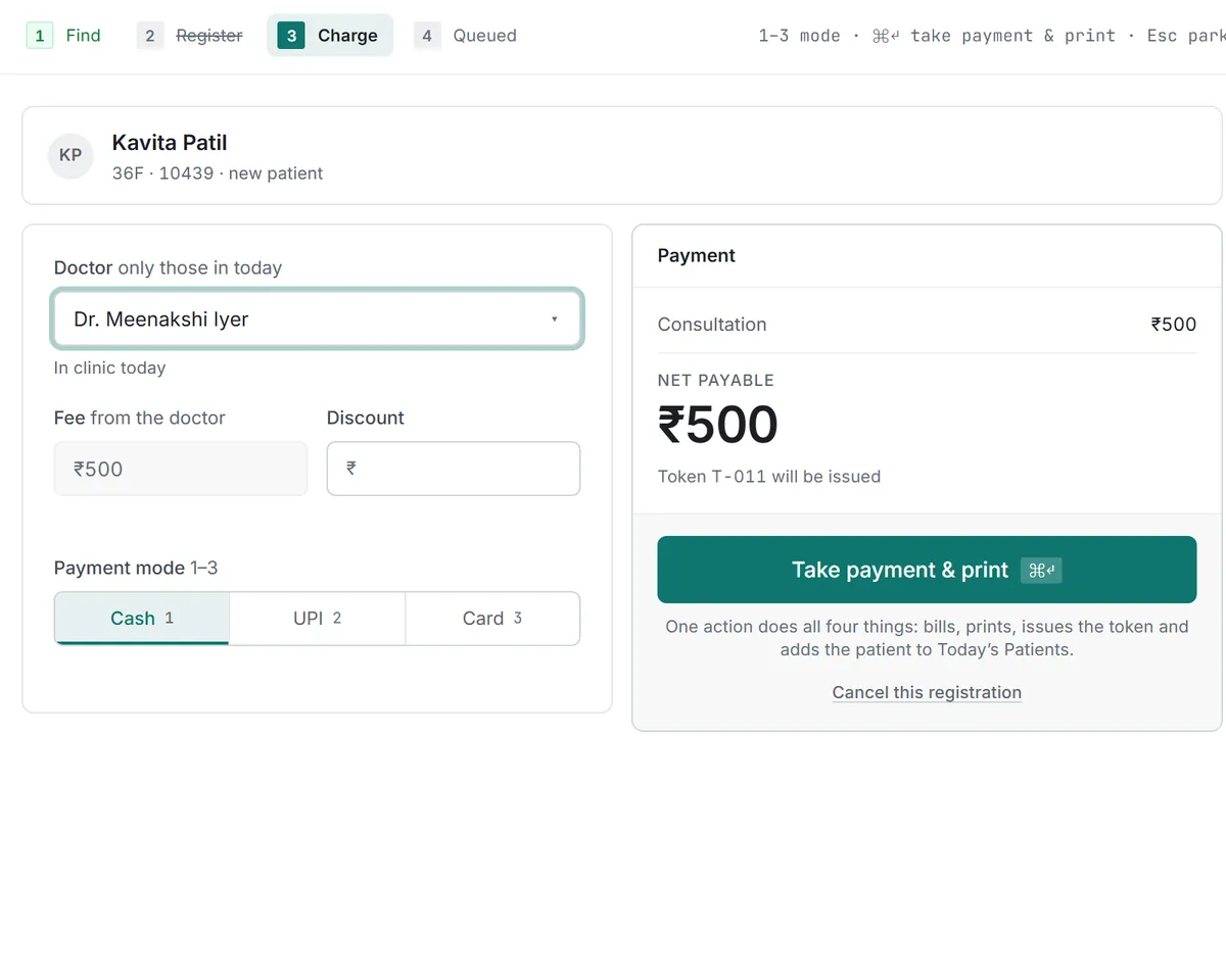 The payment step for a new patient: the doctor who is in today, the consultation fee, a payment mode of Cash, UPI or Card, the net payable amount and the Take payment and print button.