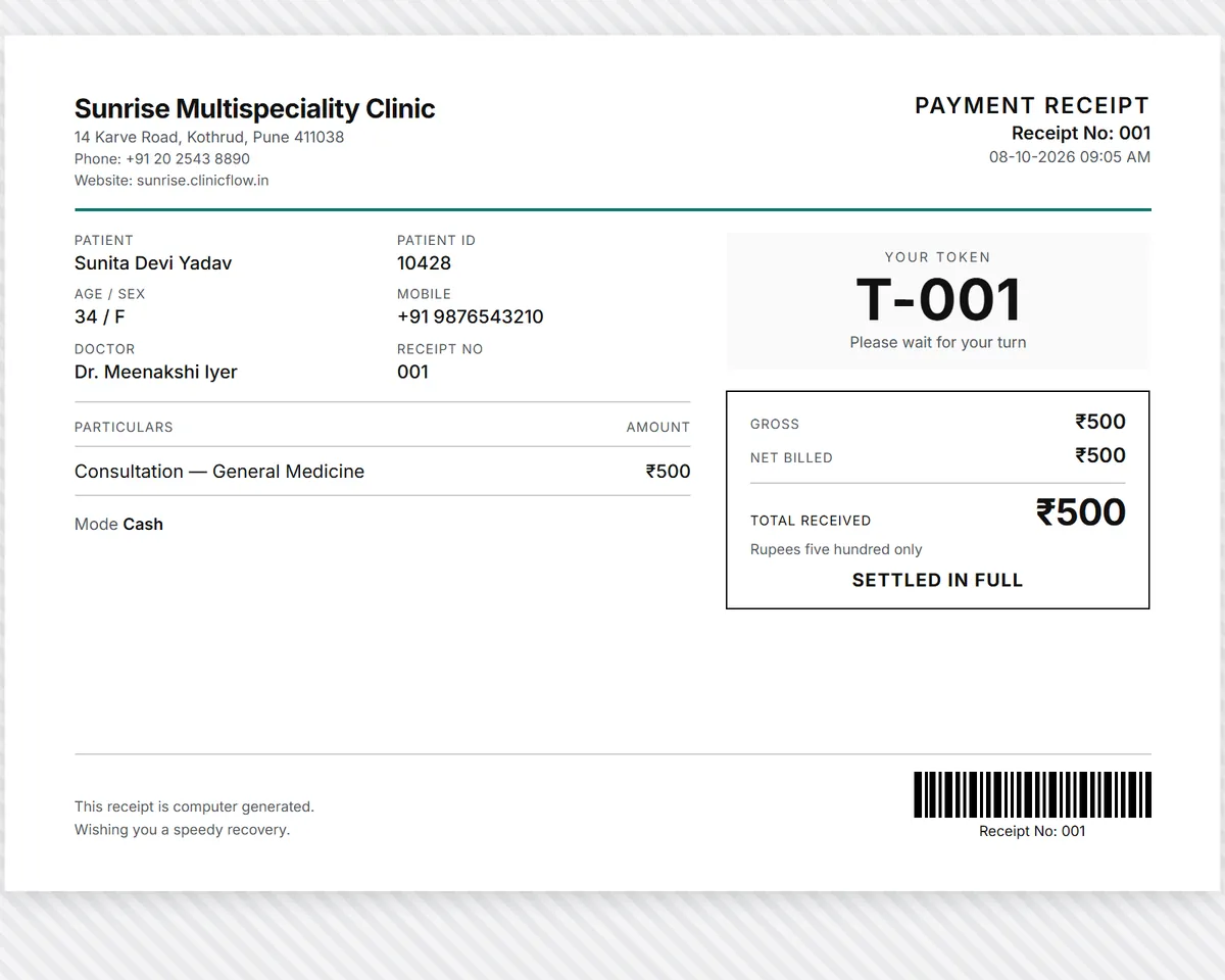 A printed payment receipt for a consultation: patient, doctor, the consultation fee, the payment mode of Cash, the total received, the words Settled in full and a large token number, T-001.